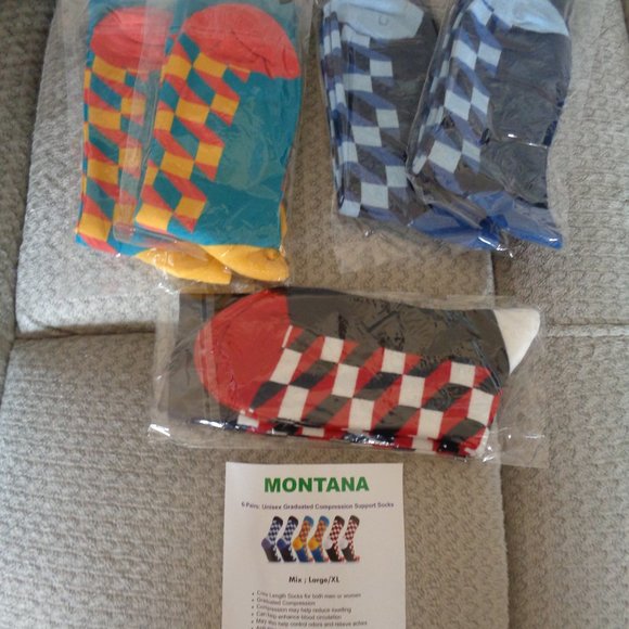 Montana Women's Graduated Compression Crew Socks Checkered Design 5 Pair XL - Picture 6 of 8